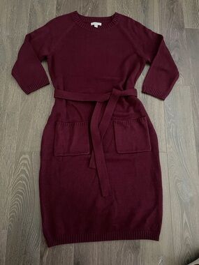 New York & Company Burgundy Long-Sleeve Belted Sweater Dress